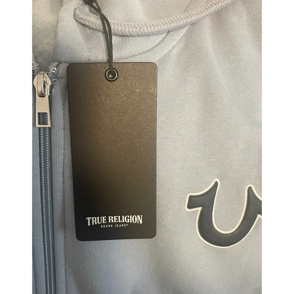 True Religion Mens OBB Full Zip Hoodie Dusty Blue Horseshoe Logo  Large